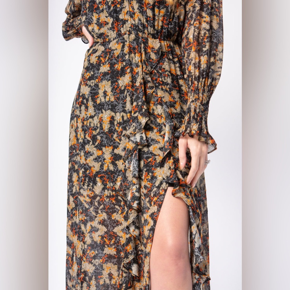 NWT $575 Iro Jorma Ruffled Printed Georgette Midi Dress In Black - Picture 3 of 11